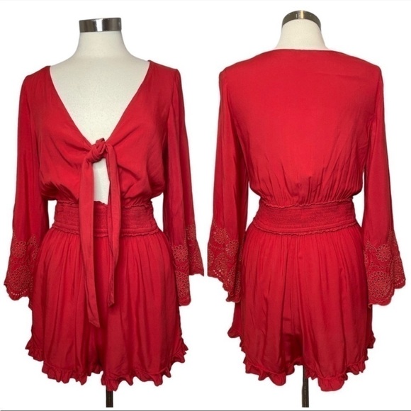 American Eagle Outfitters Pants - AMERICAN EAGLE Red Bell Sleeve Tie Front Romper size M